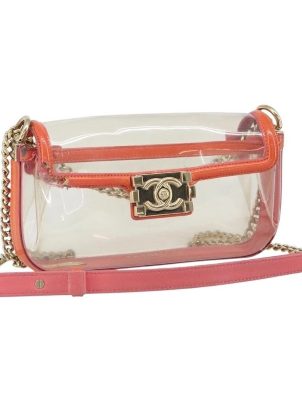 CHANEL Chain Shoulder Bag Vinyl Clear Gold CC Auth BA9792